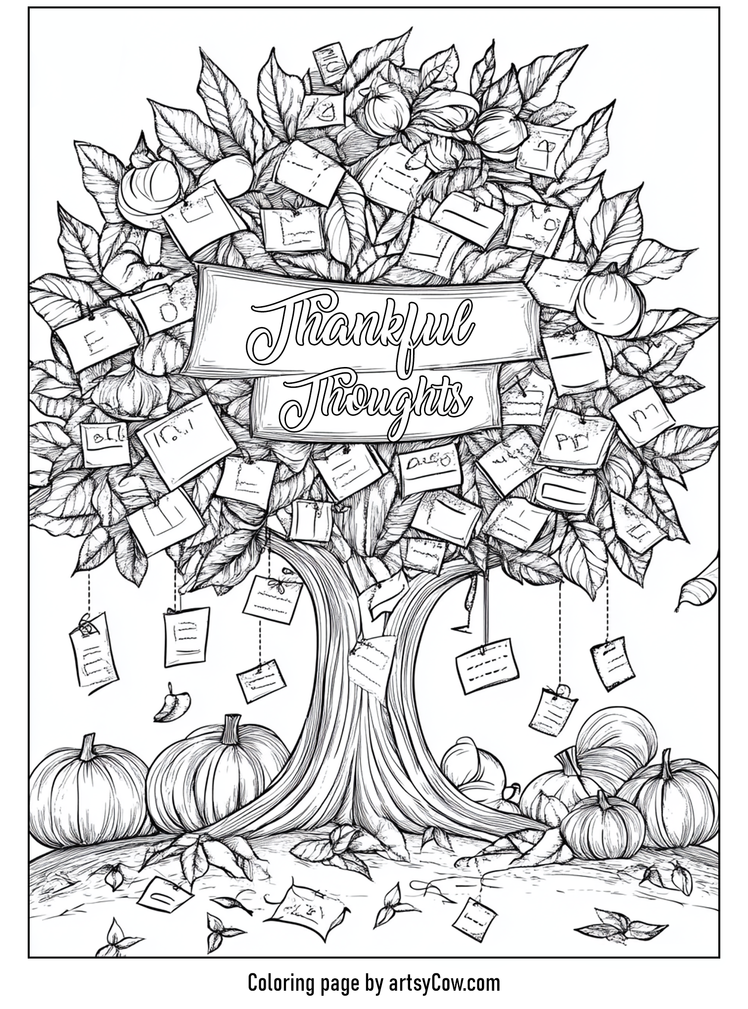 Thanksgiving coloring pages for adults featuring a tree filled with notes labeled 'Thankful Thoughts' surrounded by pumpkins and autumn leaves.
